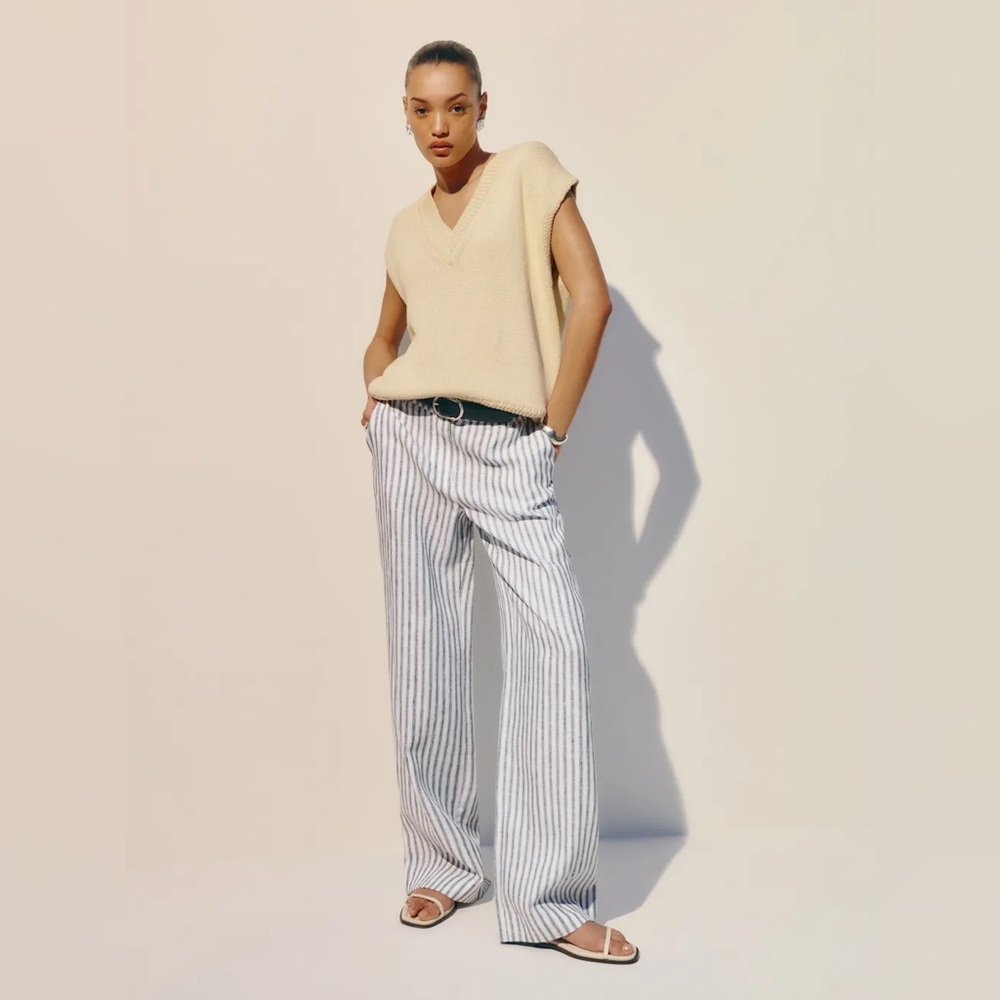Reformation Carter Linen Mid Rise Pant in Antibes Stripe White Wide Legs